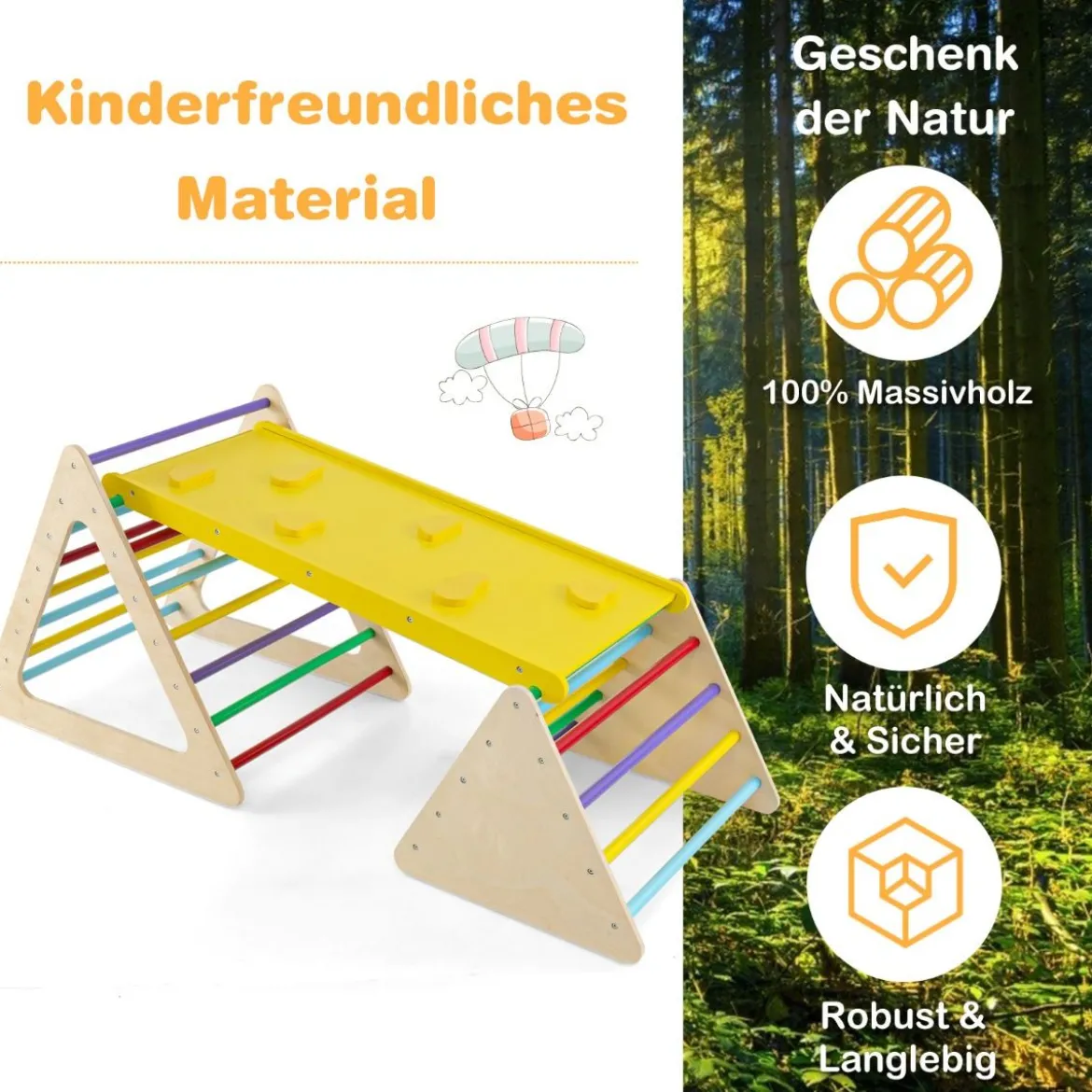 3 in 1 Kletterspielzeug Set mit Kletterdreieck & Leiter & Rutsche Klettergerüst Bunt