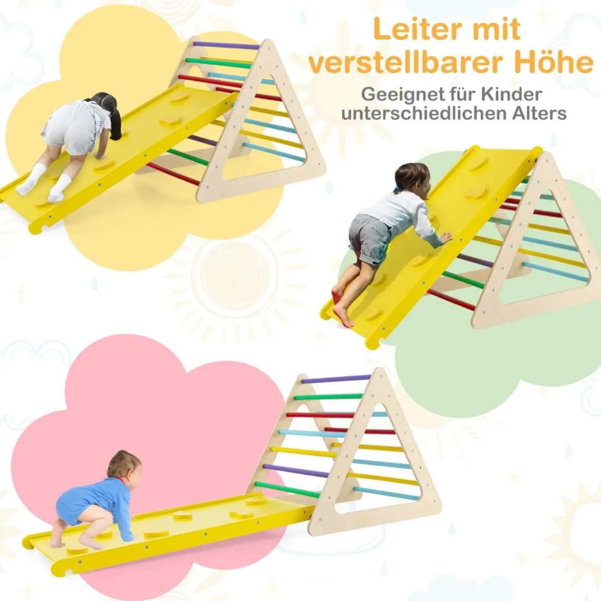 3 in 1 Kletterspielzeug Set mit Kletterdreieck & Leiter & Rutsche Klettergerüst Bunt
