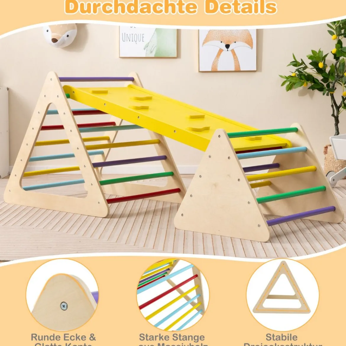 3 in 1 Kletterspielzeug Set mit Kletterdreieck & Leiter & Rutsche Klettergerüst Bunt