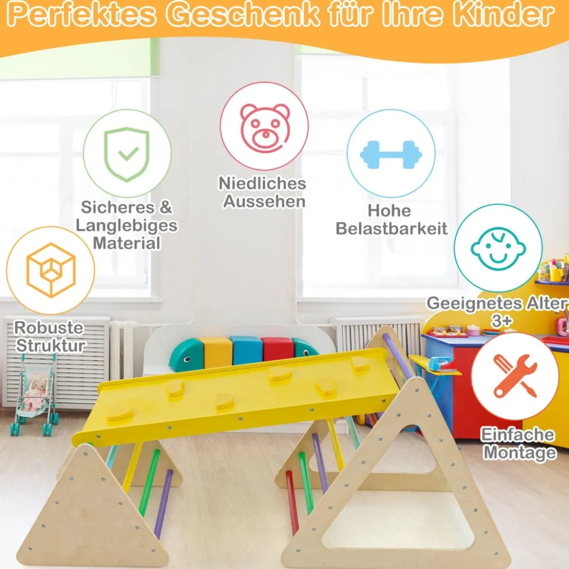 3 in 1 Kletterspielzeug Set mit Kletterdreieck & Leiter & Rutsche Klettergerüst Bunt
