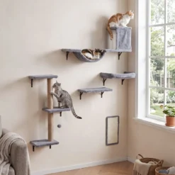 5 in 1 Kletterwand Katzen Set Stabiles Holz Katzen Wandelemente Katzenmöbel mit Hängekugel Grau