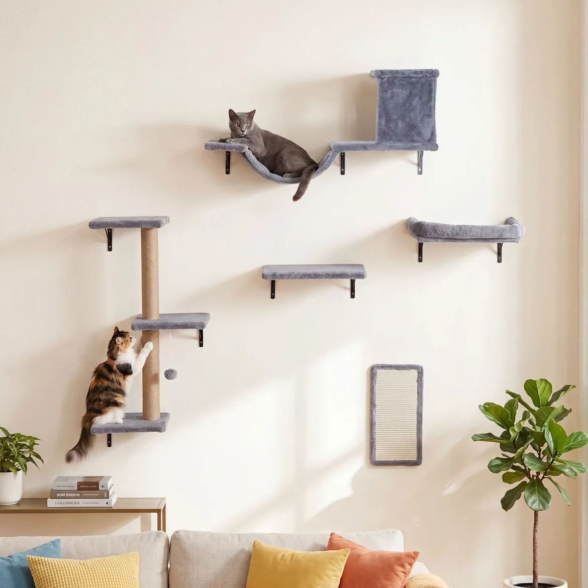 5 in 1 Kletterwand Katzen Set Stabiles Holz Katzen Wandelemente Katzenmöbel mit Hängekugel Grau