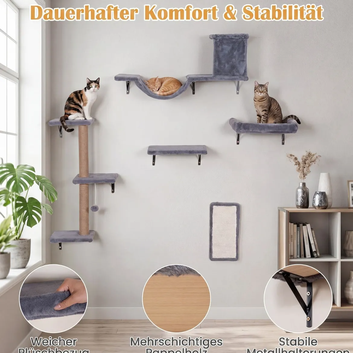 5 in 1 Kletterwand Katzen Set Stabiles Holz Katzen Wandelemente Katzenmöbel mit Hängekugel Grau