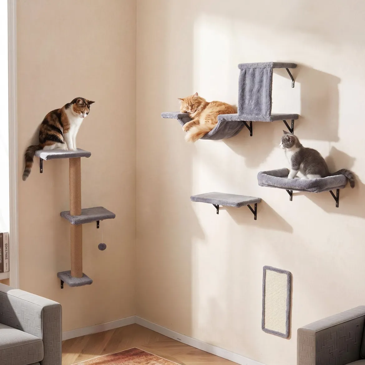 5 in 1 Kletterwand Katzen Set Stabiles Holz Katzen Wandelemente Katzenmöbel mit Hängekugel Grau