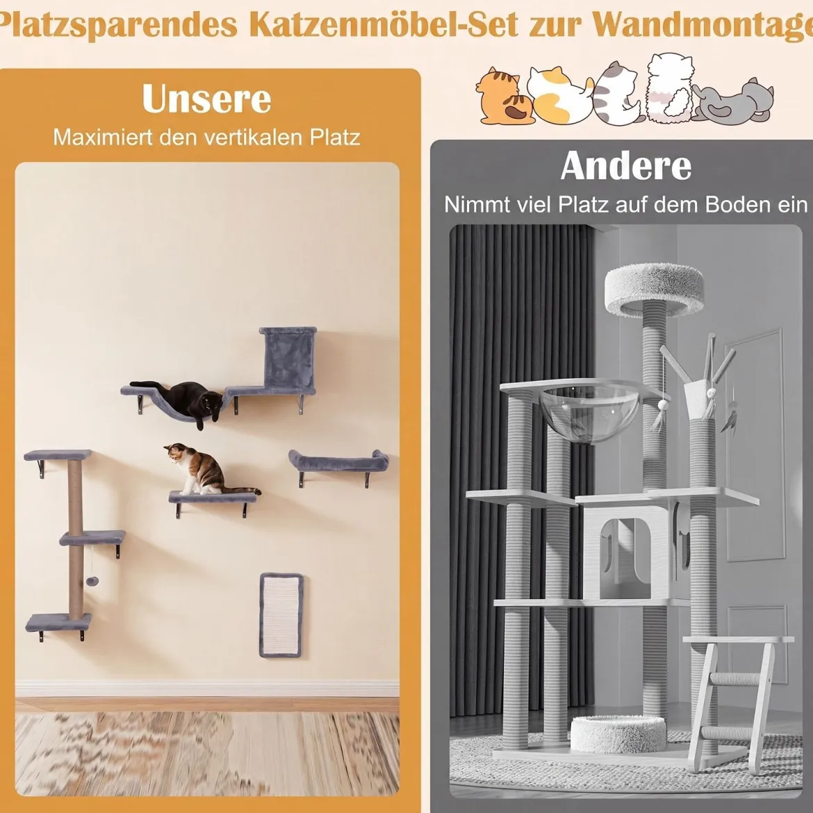 5 in 1 Kletterwand Katzen Set Stabiles Holz Katzen Wandelemente Katzenmöbel mit Hängekugel Grau