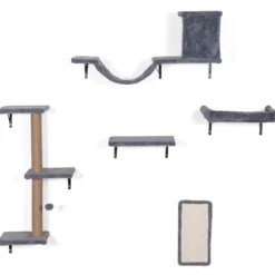 5 in 1 Kletterwand Katzen Set Stabiles Holz Katzen Wandelemente Katzenmöbel mit Hängekugel Grau