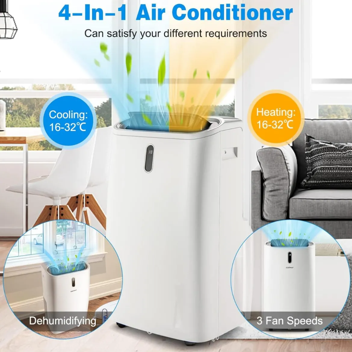 5 in 1 Klimagerät 14000 BTU Heiz&Kühl&Ventilator&Entfeucht Tragbare Klimaanlage für 40 ㎡ 44,5 x 39 x 77 cm Weiß