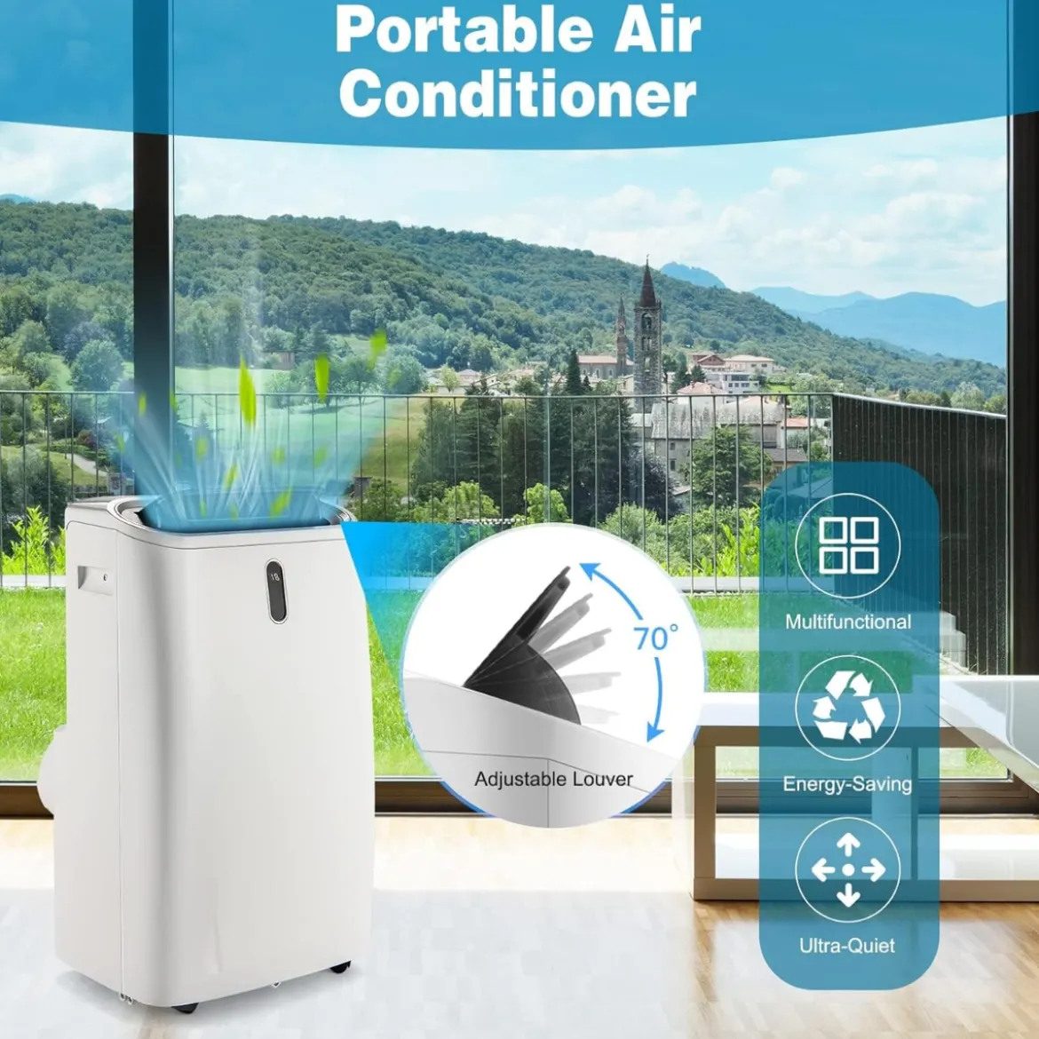 5 in 1 Klimagerät 14000 BTU Heiz&Kühl&Ventilator&Entfeucht Tragbare Klimaanlage für 40 ㎡ 44,5 x 39 x 77 cm Weiß