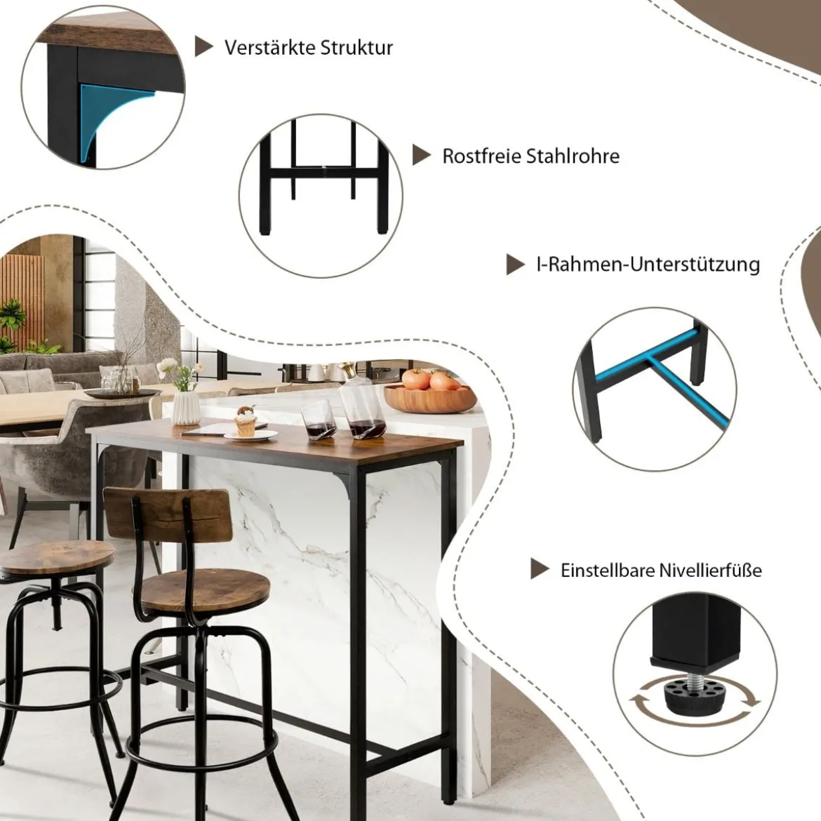 2 in 1 Konsolentisch und Bartisch Vintage mit schwarzem Metallgestell 120 x 40 x 101 cm Rustikales Braun