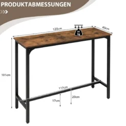 2 in 1 Konsolentisch und Bartisch Vintage mit schwarzem Metallgestell 120 x 40 x 101 cm Rustikales Braun