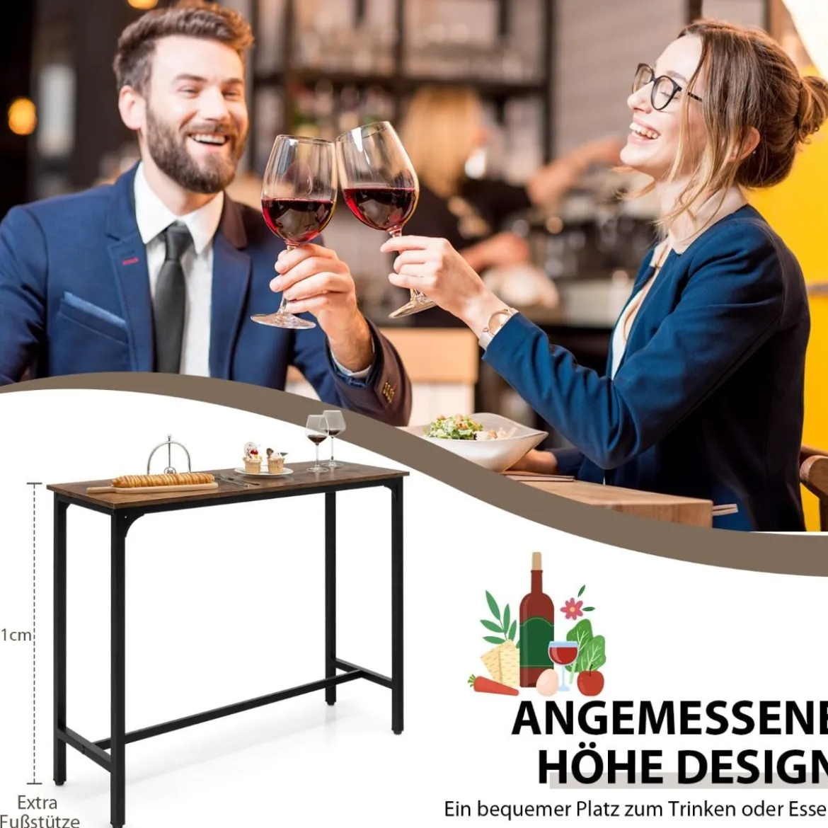 2 in 1 Konsolentisch und Bartisch Vintage mit schwarzem Metallgestell 120 x 40 x 101 cm Rustikales Braun