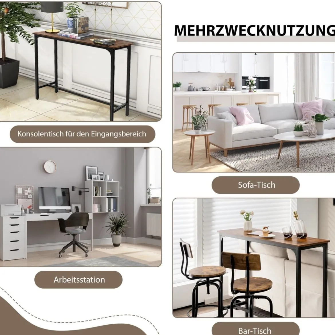 2 in 1 Konsolentisch und Bartisch Vintage mit schwarzem Metallgestell 120 x 40 x 101 cm Rustikales Braun