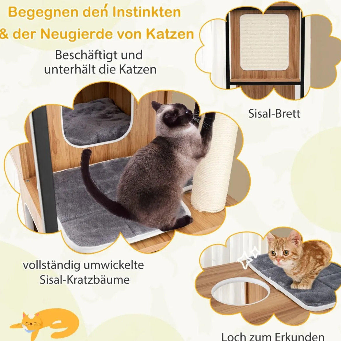 2 in 1 Kratzbaum Katzenhaus 3 Etagen Katzenbaum mit Abnehmbaren Kissens & Katzenhöhle