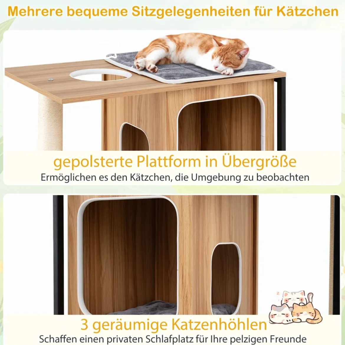 2 in 1 Kratzbaum Katzenhaus 3 Etagen Katzenbaum mit Abnehmbaren Kissens & Katzenhöhle