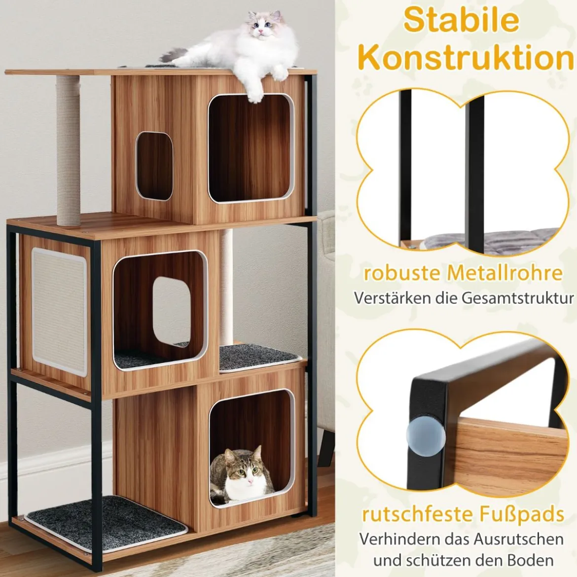 2 in 1 Kratzbaum Katzenhaus 3 Etagen Katzenbaum mit Abnehmbaren Kissens & Katzenhöhle