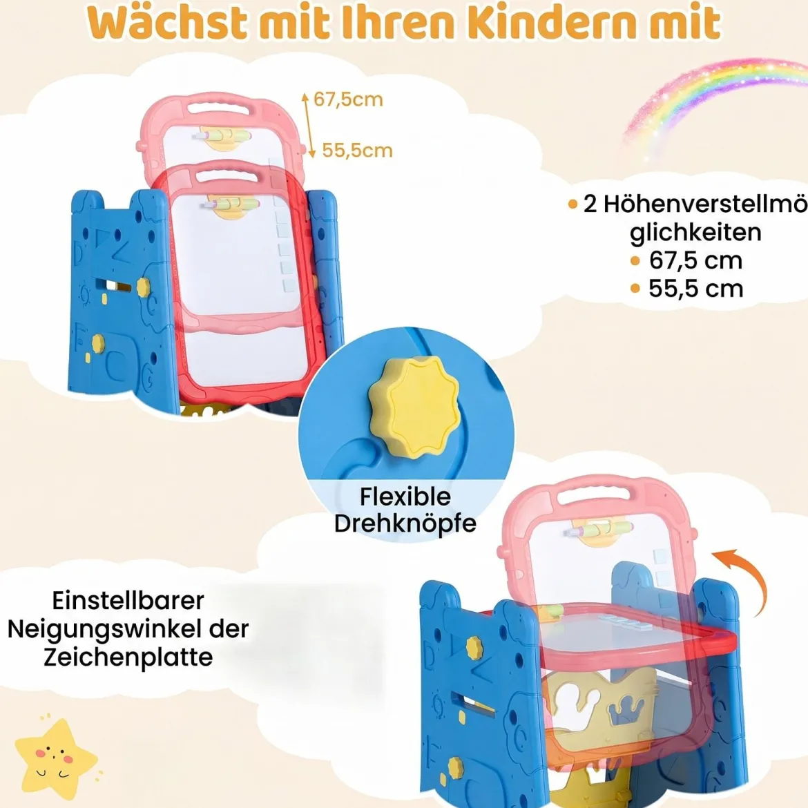 3 in 1 Kunststaffelei für Kinder mit Bücherregal Doppelseitige Kindertafel mit Kreidetafel