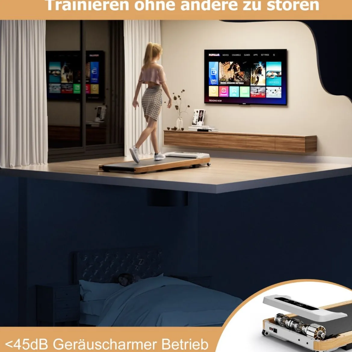 2 in 1 Laufband 2,25HP Walking Pad unter dem Schreibtisch 1-6km/h mit Fernbedienung tragbar 120 x 54 x 13 cm