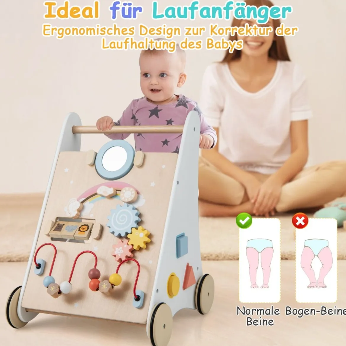 7 in 1 Lauflernhilfe aus Holz mit Spielbrett & Spiegel & Bauklötzen & Aufbewahrungsbox Lauflernwagen