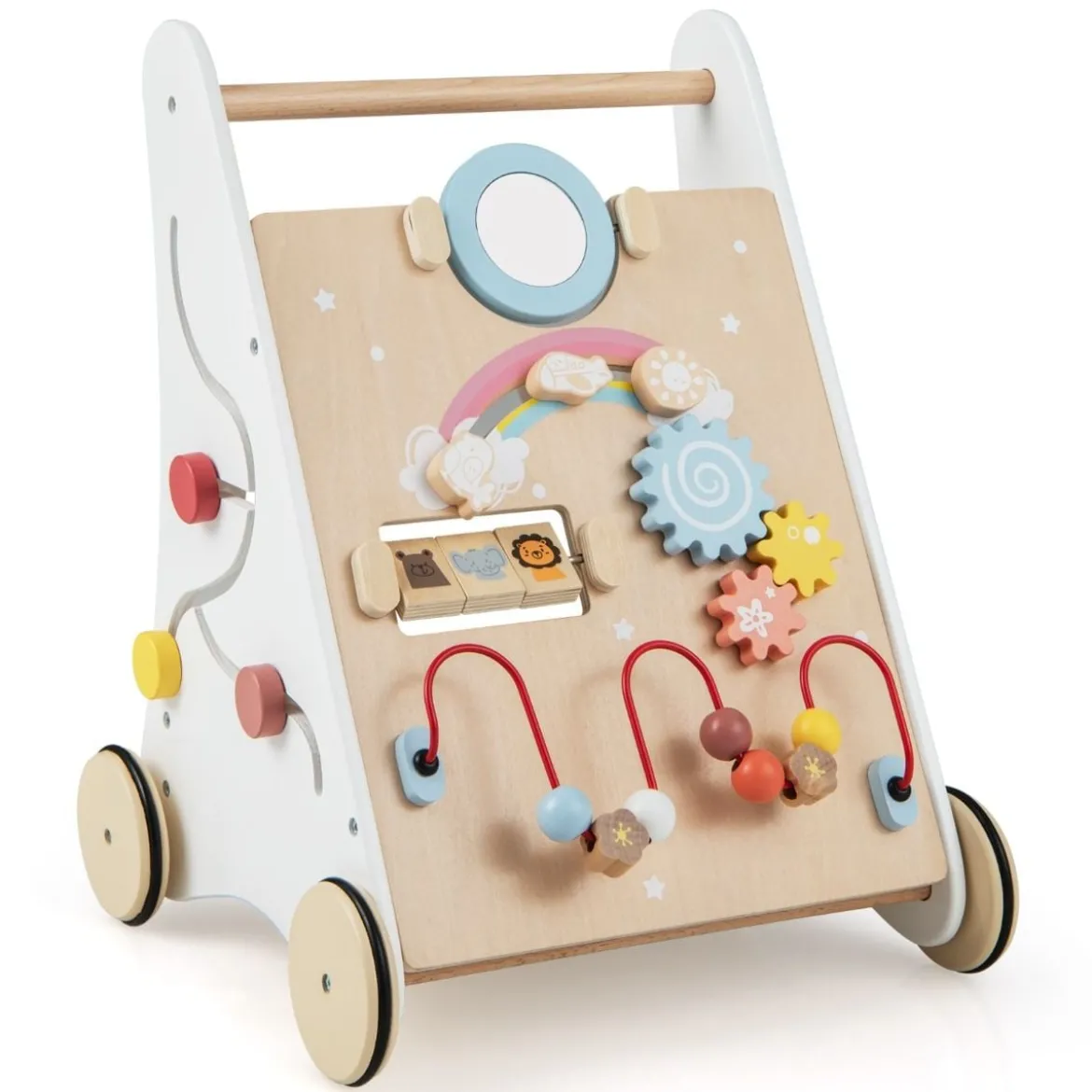 7 in 1 Lauflernhilfe aus Holz mit Spielbrett & Spiegel & Bauklötzen & Aufbewahrungsbox Lauflernwagen