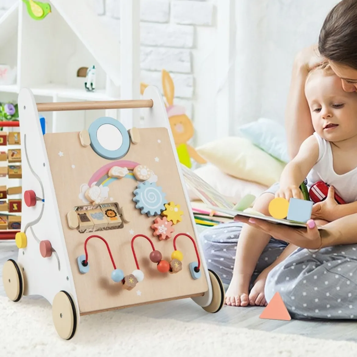 7 in 1 Lauflernhilfe aus Holz mit Spielbrett & Spiegel & Bauklötzen & Aufbewahrungsbox Lauflernwagen