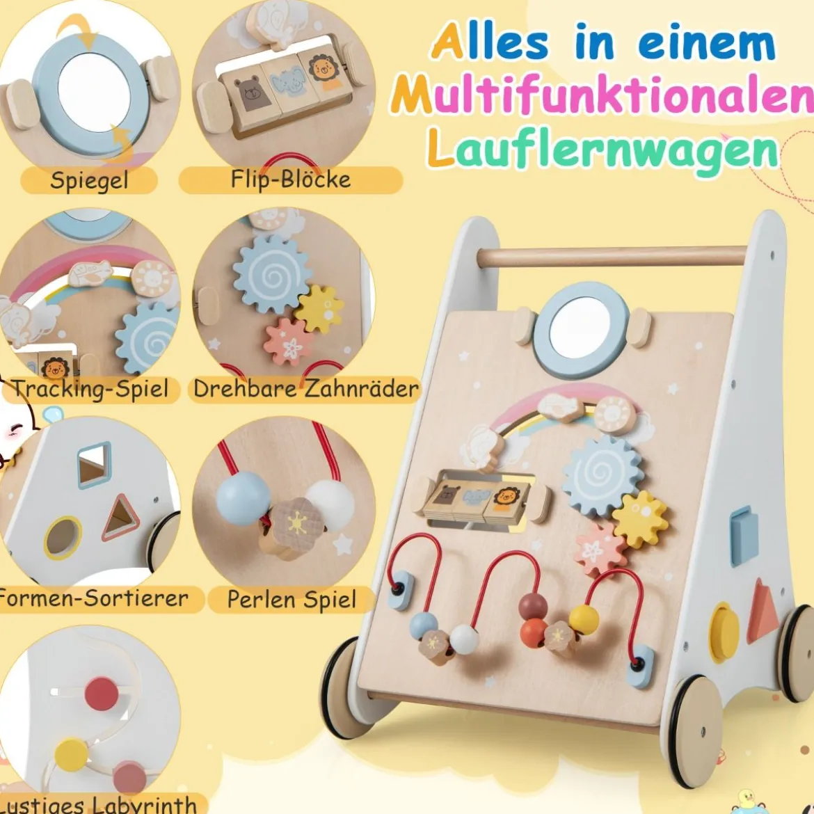 7 in 1 Lauflernhilfe aus Holz mit Spielbrett & Spiegel & Bauklötzen & Aufbewahrungsbox Lauflernwagen