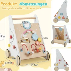 7 in 1 Lauflernhilfe aus Holz mit Spielbrett & Spiegel & Bauklötzen & Aufbewahrungsbox Lauflernwagen