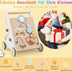 7 in 1 Lauflernhilfe aus Holz mit Spielbrett & Spiegel & Bauklötzen & Aufbewahrungsbox Lauflernwagen