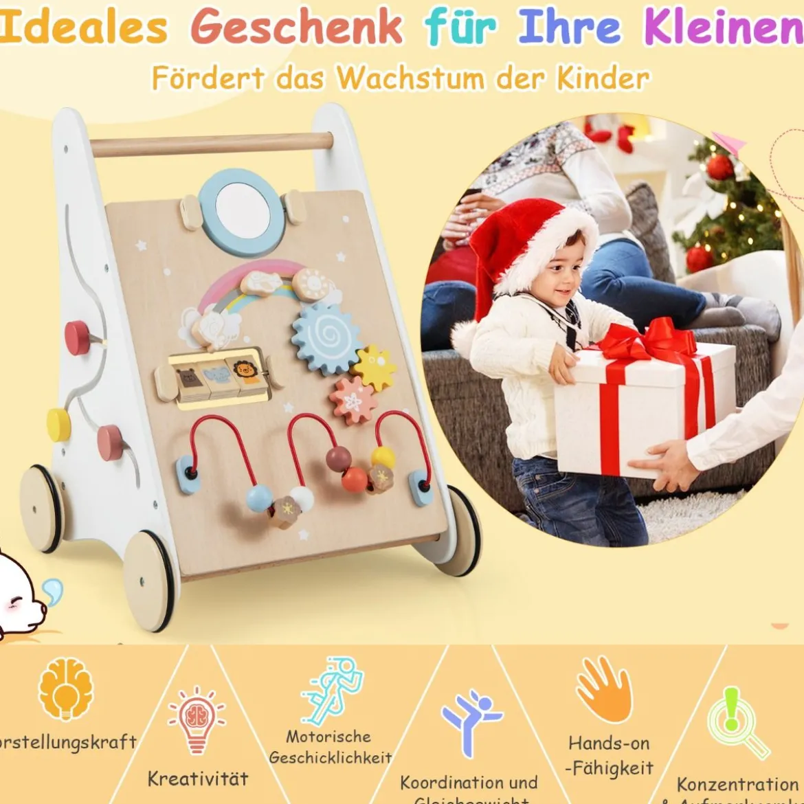 7 in 1 Lauflernhilfe aus Holz mit Spielbrett & Spiegel & Bauklötzen & Aufbewahrungsbox Lauflernwagen