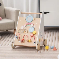 7 in 1 Lauflernhilfe aus Holz mit Spielbrett & Spiegel & Bauklötzen & Aufbewahrungsbox Lauflernwagen
