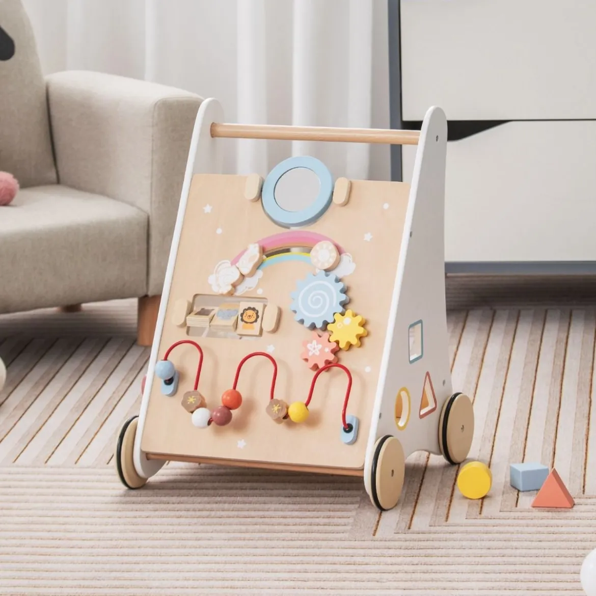 7 in 1 Lauflernhilfe aus Holz mit Spielbrett & Spiegel & Bauklötzen & Aufbewahrungsbox Lauflernwagen