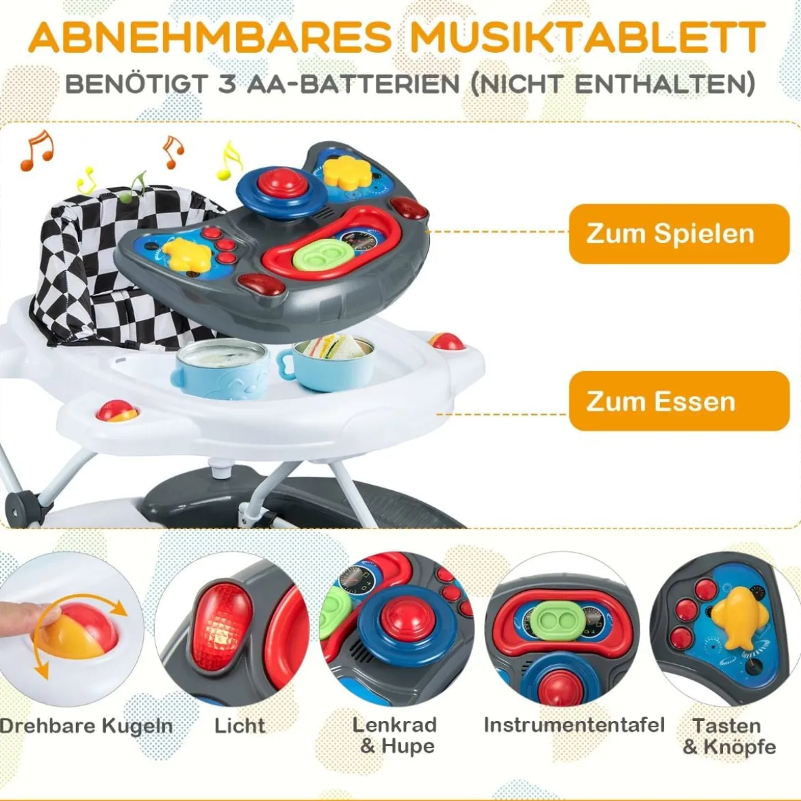 6 in 1 Lauflernhilfe Lauflernwagen mit abnehmbarem Spielboard & Fußpolste Blau/Grau/Rosa