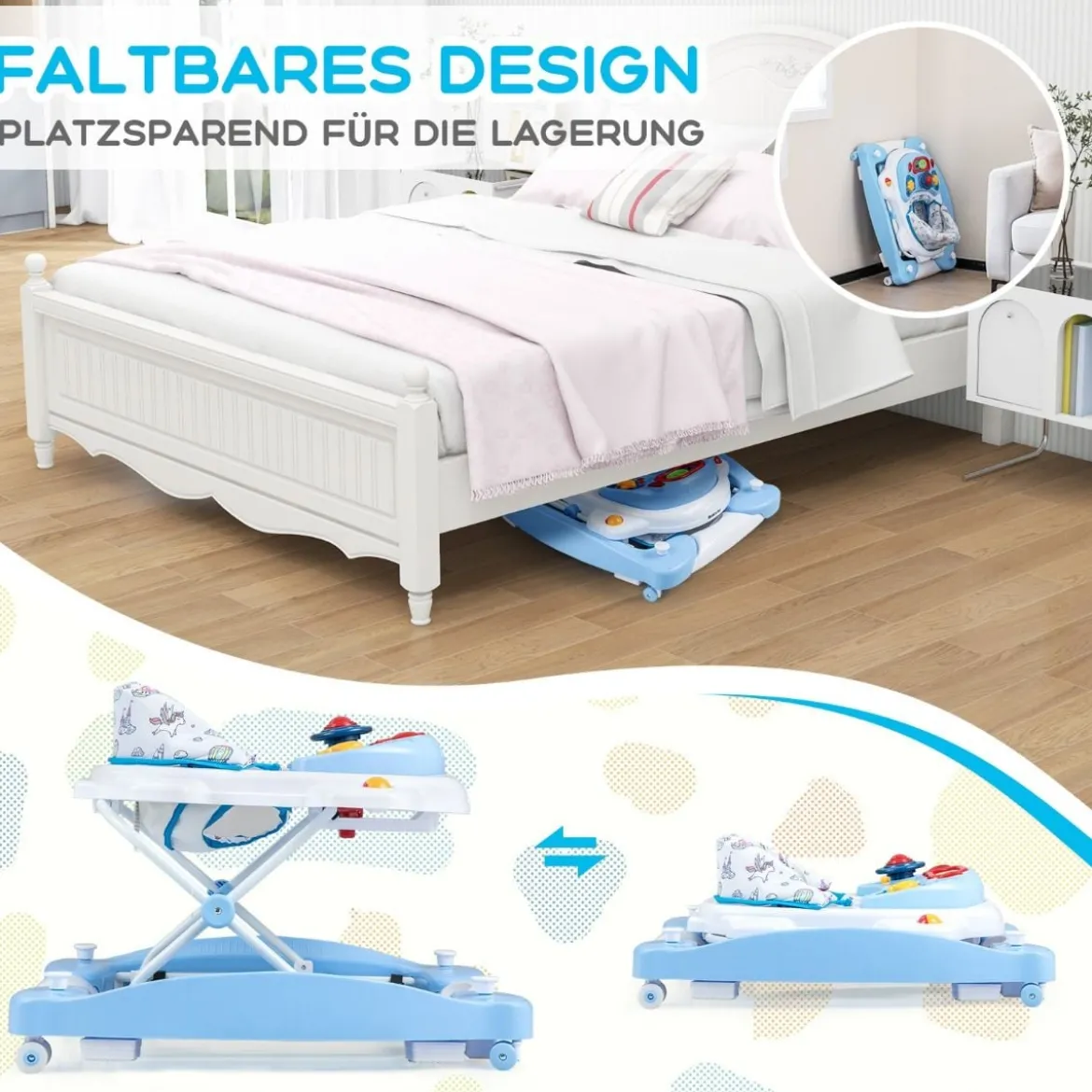 6 in 1 Lauflernhilfe Lauflernwagen mit abnehmbarem Spielboard & Fußpolste Blau/Grau/Rosa