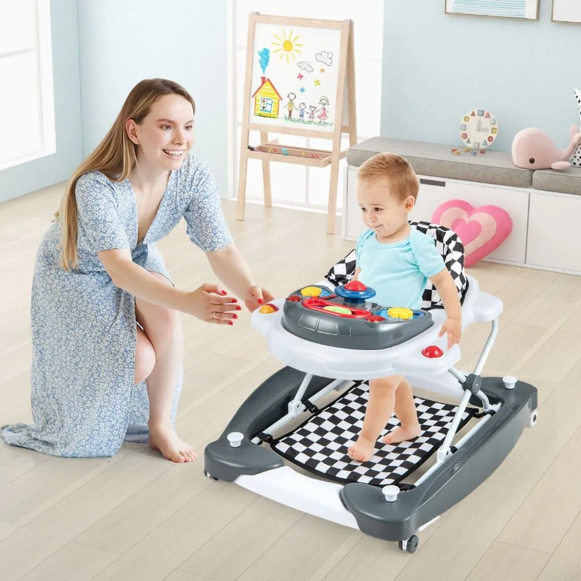 6 in 1 Lauflernhilfe Lauflernwagen mit abnehmbarem Spielboard & Fußpolste Blau/Grau/Rosa