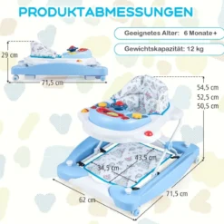 6 in 1 Lauflernhilfe Lauflernwagen mit abnehmbarem Spielboard & Fußpolste Blau/Grau/Rosa