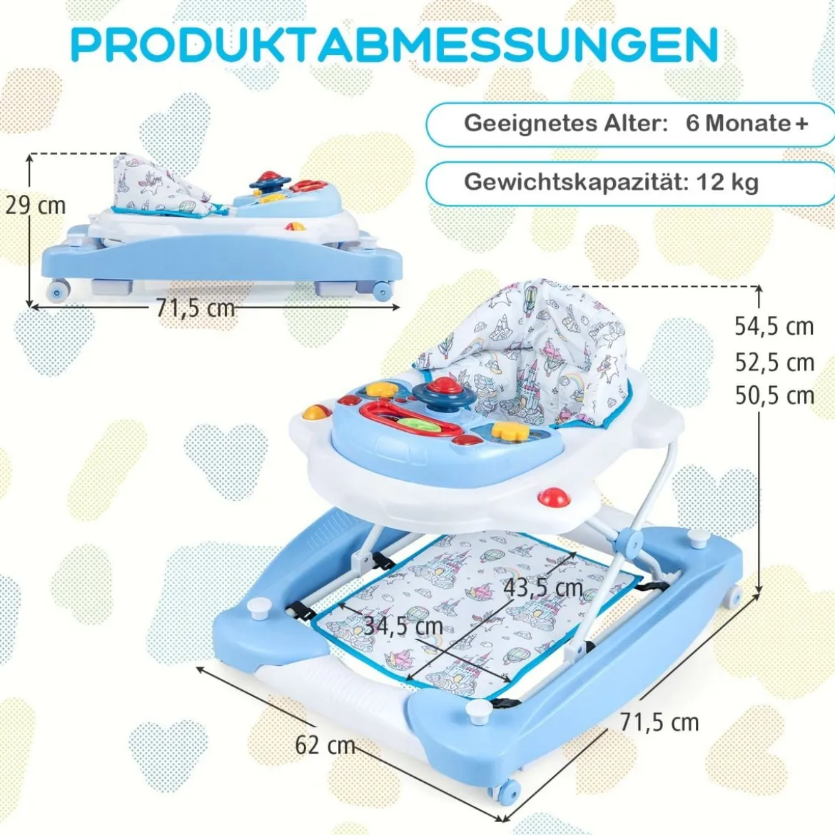 6 in 1 Lauflernhilfe Lauflernwagen mit abnehmbarem Spielboard & Fußpolste Blau/Grau/Rosa
