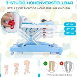 6 in 1 Lauflernhilfe Lauflernwagen mit abnehmbarem Spielboard & Fußpolste Blau/Grau/Rosa