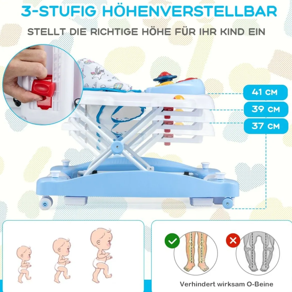 6 in 1 Lauflernhilfe Lauflernwagen mit abnehmbarem Spielboard & Fußpolste Blau/Grau/Rosa