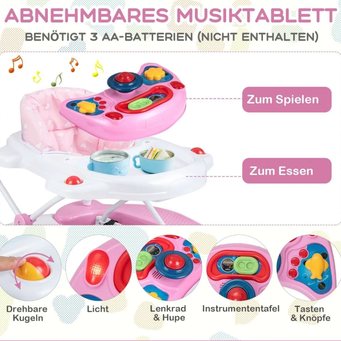 6 in 1 Lauflernhilfe Lauflernwagen mit abnehmbarem Spielboard & Fußpolste Blau/Grau/Rosa