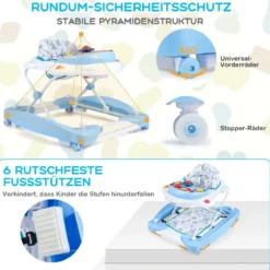 6 in 1 Lauflernhilfe Lauflernwagen mit abnehmbarem Spielboard & Fußpolste Blau/Grau/Rosa