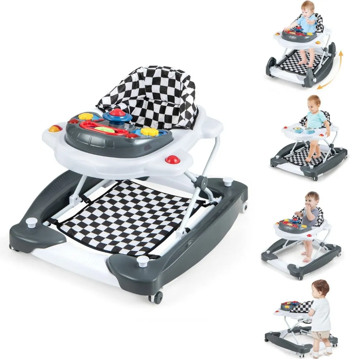6 in 1 Lauflernhilfe Lauflernwagen mit abnehmbarem Spielboard & Fußpolste Blau/Grau/Rosa