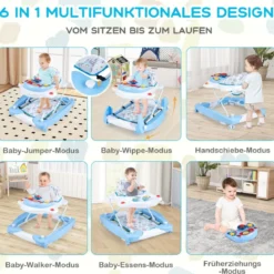 6 in 1 Lauflernhilfe Lauflernwagen mit abnehmbarem Spielboard & Fußpolste Blau/Grau/Rosa