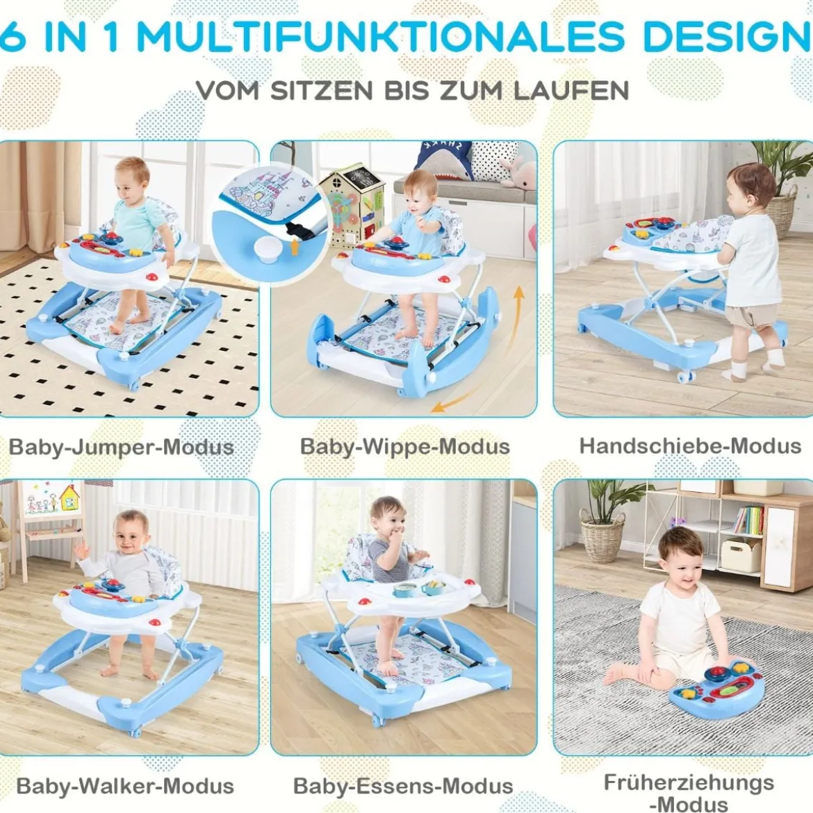 6 in 1 Lauflernhilfe Lauflernwagen mit abnehmbarem Spielboard & Fußpolste Blau/Grau/Rosa
