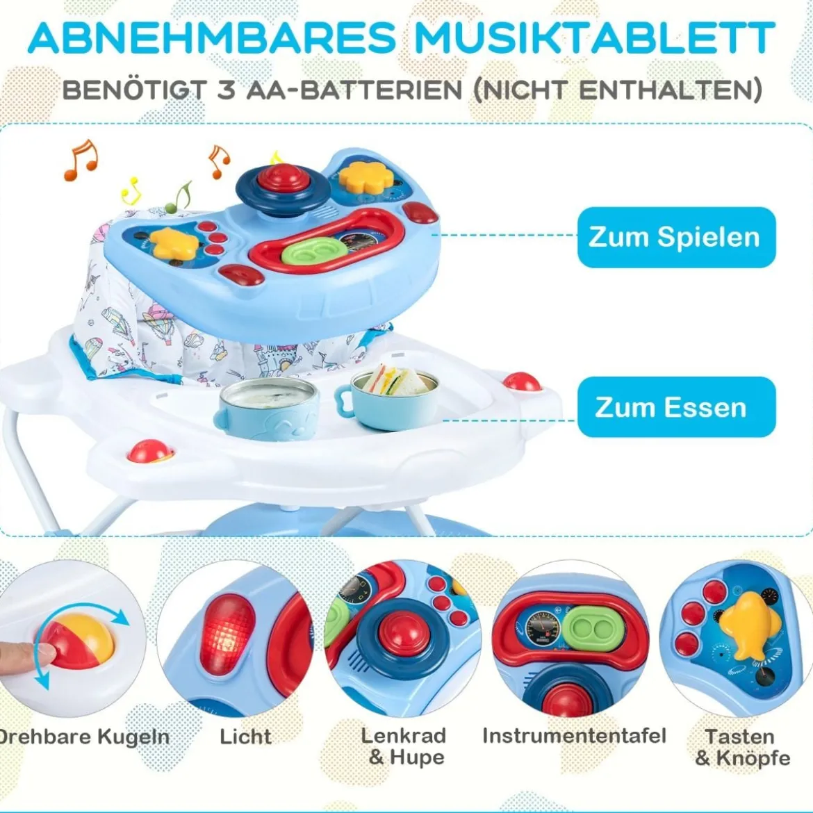 6 in 1 Lauflernhilfe Lauflernwagen mit abnehmbarem Spielboard & Fußpolste Blau/Grau/Rosa