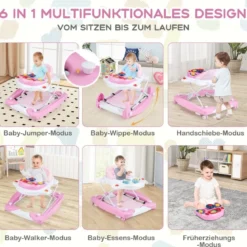 6 in 1 Lauflernhilfe Lauflernwagen mit abnehmbarem Spielboard & Fußpolste Blau/Grau/Rosa