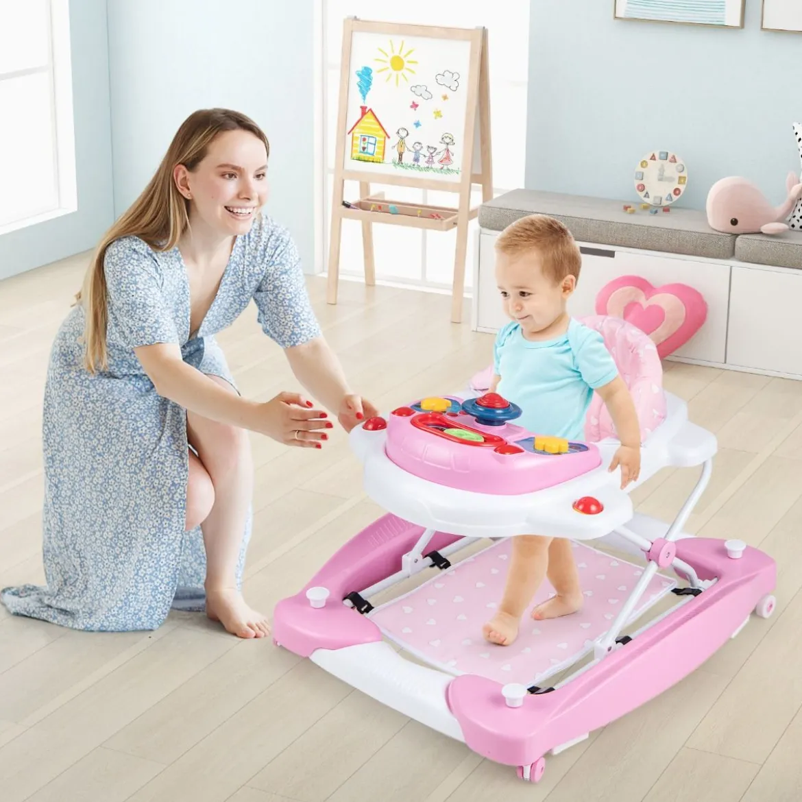 6 in 1 Lauflernhilfe Lauflernwagen mit abnehmbarem Spielboard & Fußpolste Blau/Grau/Rosa
