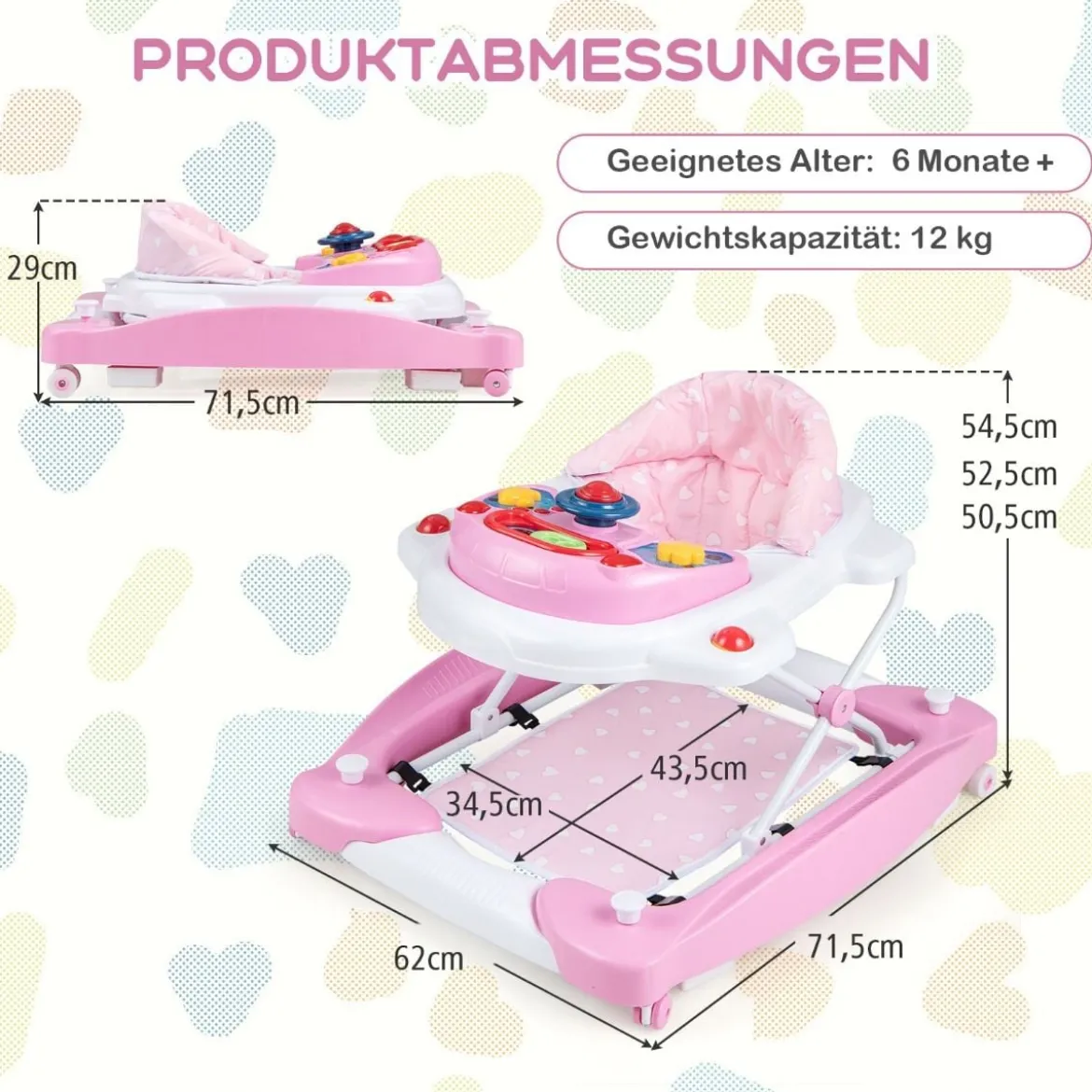 6 in 1 Lauflernhilfe Lauflernwagen mit abnehmbarem Spielboard & Fußpolste Blau/Grau/Rosa
