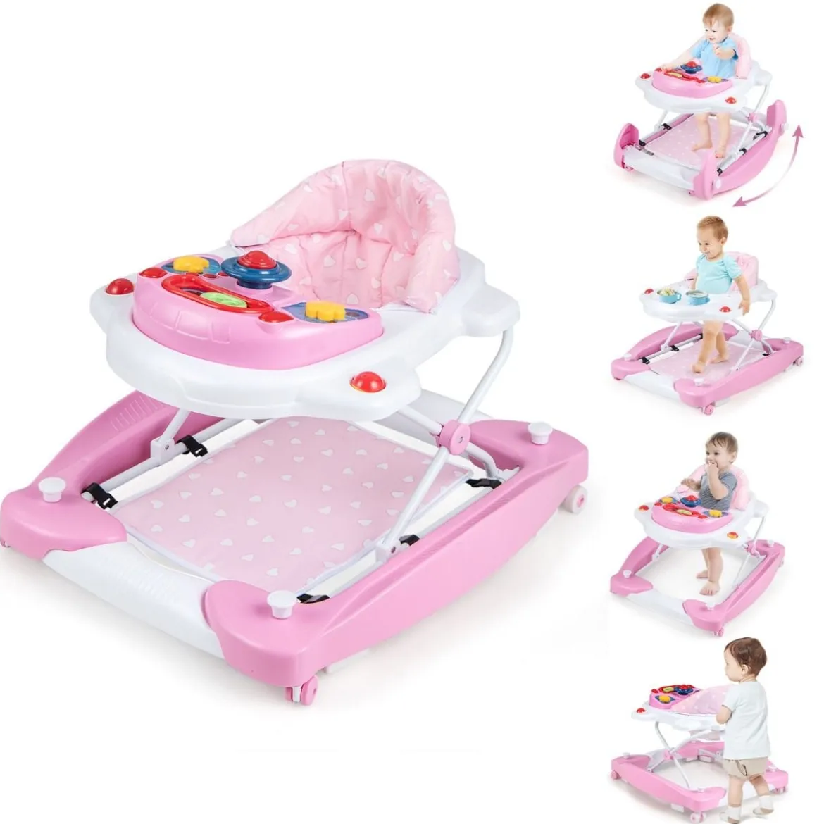 6 in 1 Lauflernhilfe Lauflernwagen mit abnehmbarem Spielboard & Fußpolste Blau/Grau/Rosa