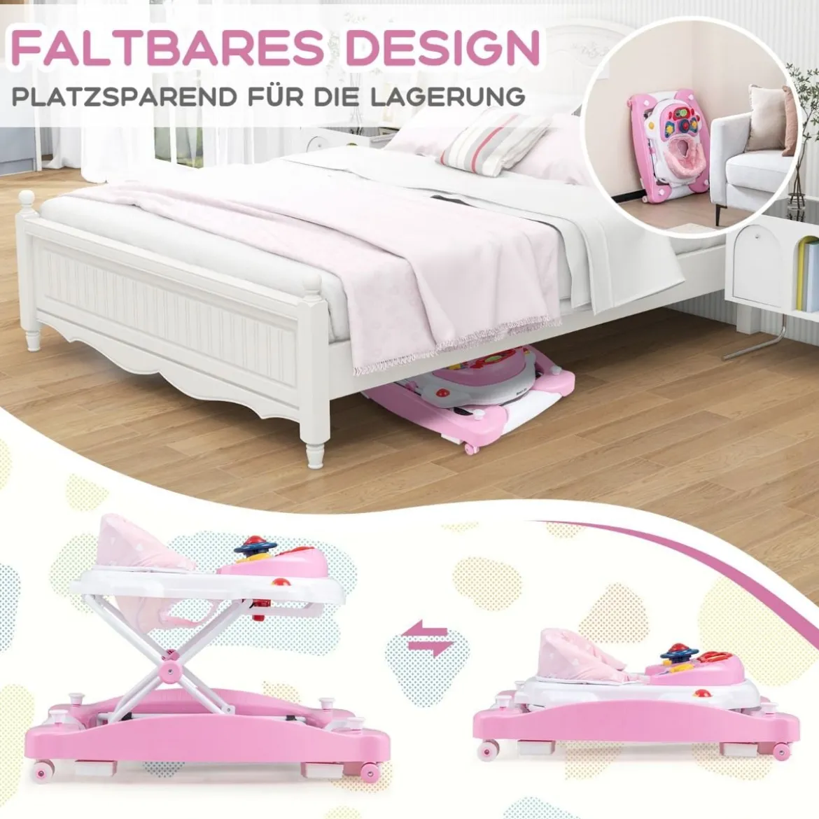 6 in 1 Lauflernhilfe Lauflernwagen mit abnehmbarem Spielboard & Fußpolste Blau/Grau/Rosa