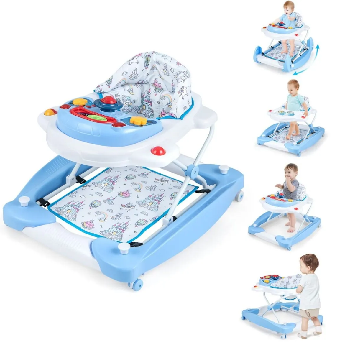6 in 1 Lauflernhilfe Lauflernwagen mit abnehmbarem Spielboard & Fußpolste Blau/Grau/Rosa
