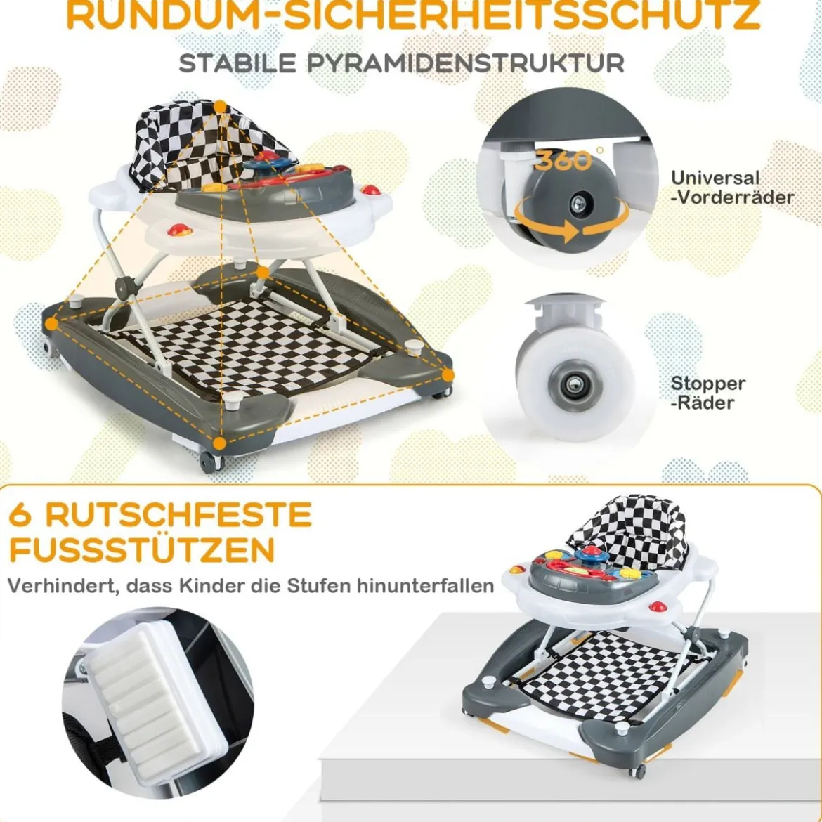6 in 1 Lauflernhilfe Lauflernwagen mit abnehmbarem Spielboard & Fußpolste Blau/Grau/Rosa